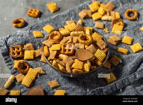 Homemade Salty Party Snack Mix With Cereal And Pretzels Stock Photo Alamy