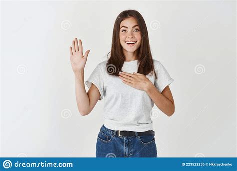 Enthusiastic Cute Girl Promise She Telling Truth Press One Hand To Heart Raise Palm And