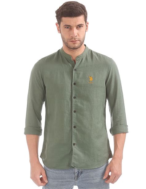 Buy Us Polo Assn Men Mandarin Collar Linen Cotton Shirt