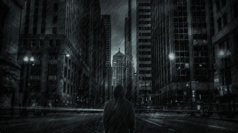 We have an extensive collection of amazing background images carefully chosen by our community. Wallpaper Dark Mood, Man, Raining, Skyscrapers, Hoodie ...