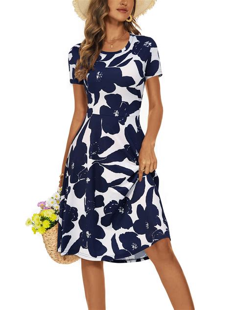 Huhot Sundresses For Women Casual Summer Short Sleeve Round Neck Floral Skater Dress With