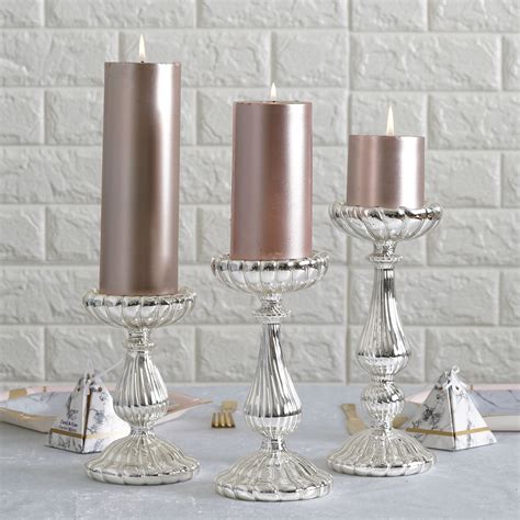 Balsacircle 3 Silver Mercury Glass Pillar Candle Holders Wedding
