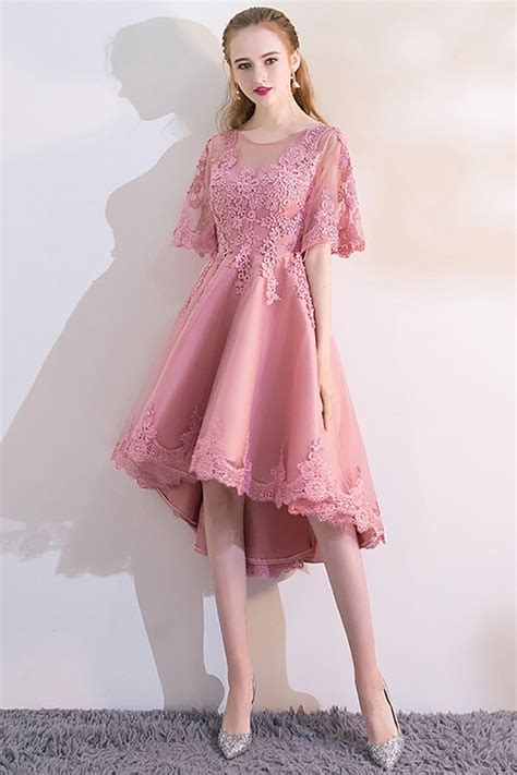 Mauve Lace High Low Homecoming Party Dress With Sleeves Mxl86028