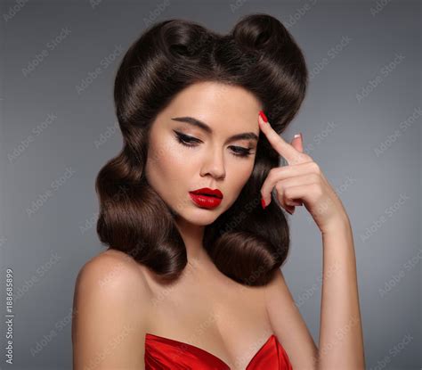 Nostalgia Pin Up Girl With Red Lips Makeup And Retro Curls Hair Style Retro Woman Looking To