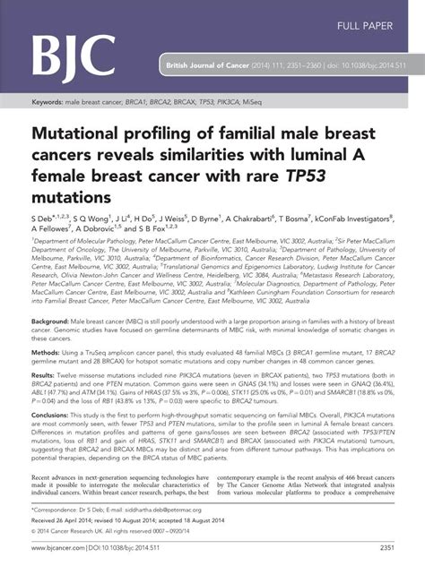 Mutational Profiling Of Familial Male Breast Cancers Reveals Similarities With Luminal A Female