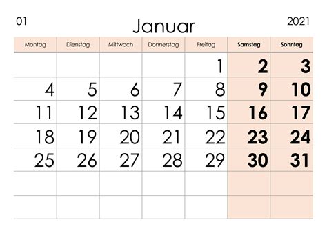 Kalender Januar 2021 Grosse Ziffern Im Querformat Kalendersu
