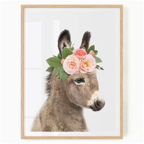 Donkey With Flower Crown Printable Farm Art For Girl Nursery Etsy