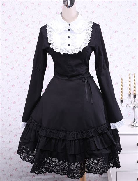 Elegant Black Cotton Lace Trim Long Sleeves Classic Bow Gothic Party