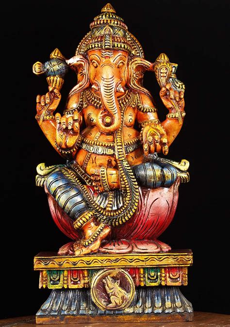 Sold Wooden Painted Ganesha Carving 24 76w1bw Hindu