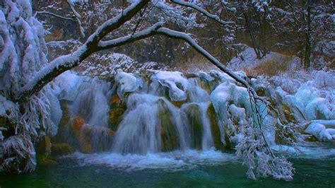 Plitvice Waterfall Winter Wallpaper Hd 07942