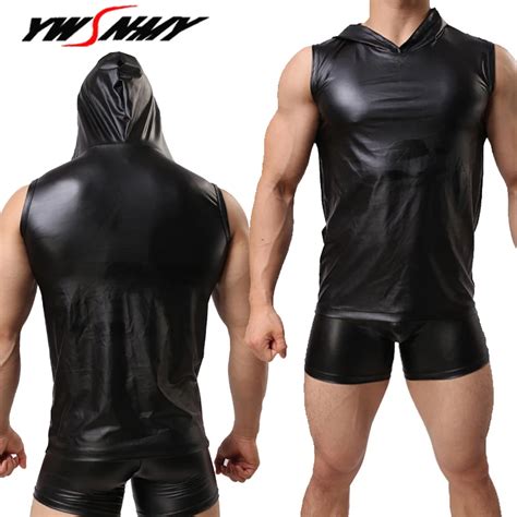 Mens Pu Leather Gyms Bodybuilding Tank Top Sexy Men Male Fitness Hooded