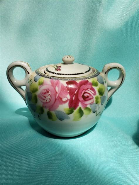 Floral Nippon Sugar Bowl Pink And Blue Rose Gold Trim Sugar Etsy