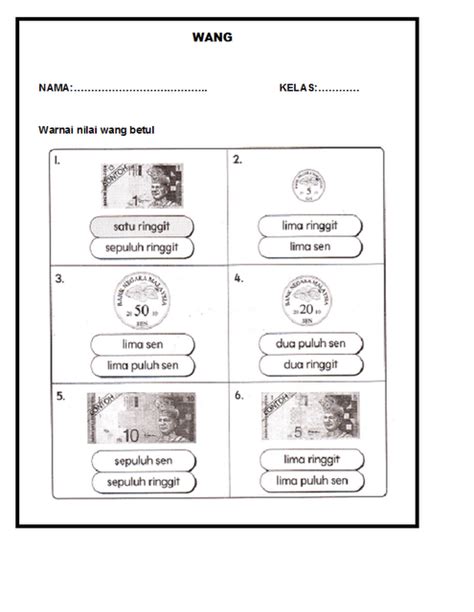 Matematik Tahun 1 Wang Lembaran Kerja