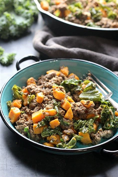 Baked sweet potato with dressing of olive oil coriander leaves cinnamon and pepper. Ground Beef, Kale & Sweet Potato Skillet | Recipe | Ground ...