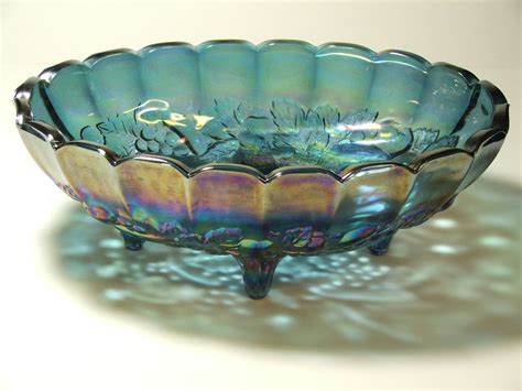 Vintage Blue Carnival Glass Large Footed Bowl Excellent Condition Indiana