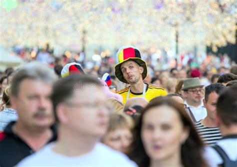 Belgian Fans Of Football On Background Of Famous Monument In Moscow