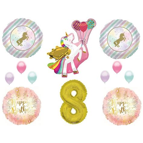 Winged Unicorn 8th Happy Birthday Party Balloons Decoration Pastel Gold
