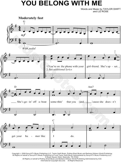 Taylor Swift You Belong With Me Sheet Music Easy Piano In G Major