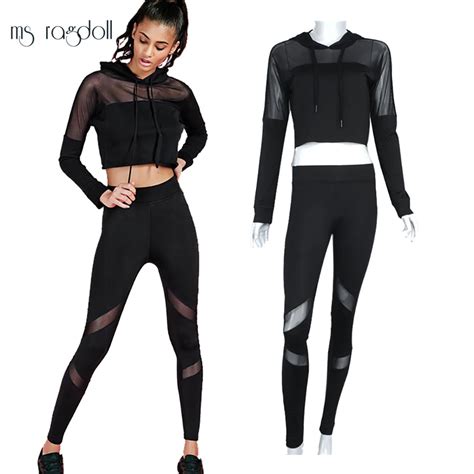sport tracksuit for women 2 piece mesh splice breathable quick drying hoodies long pants yoga