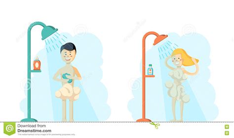 Man And Woman Taking Shower In Bathroom Stock Vector Illustration Of