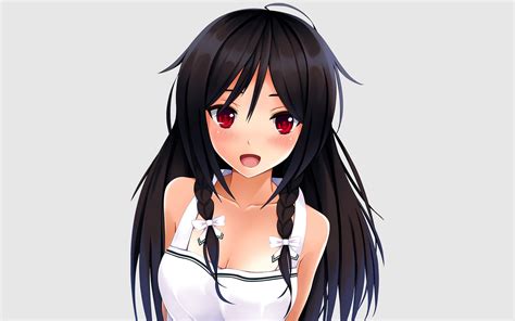 Anime Anime Girls Red Eyes Black Hair Long Hair Open Mouth Simple Background Original