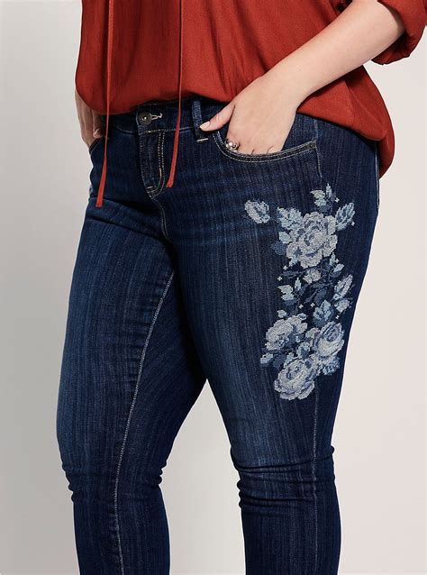 Floral Embroidered Skinny Jean Dark Wash Fashion Clothes Women Plus Size Jeans Vintage Denim