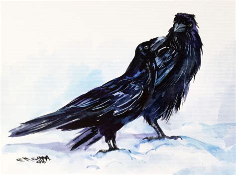 Black Crows Black Ravens Couple Two Birds On The Snow Original