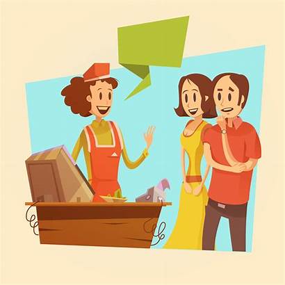Clipart Saleswoman Customers Vector Cartoon Illustration Retro