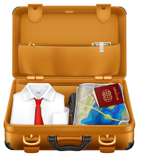 Brown Suitcase With Clothes And Passport Clipart Image