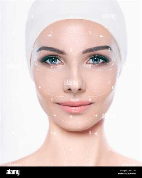 Beautiful Female Face With Lifting Arrows On Face Facial Surgery And Lifting Effect Stock