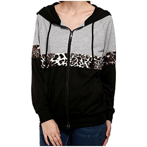 Womens Outdoor Leopard Print Splice Full Zip Hoodie Sweatshirts Want