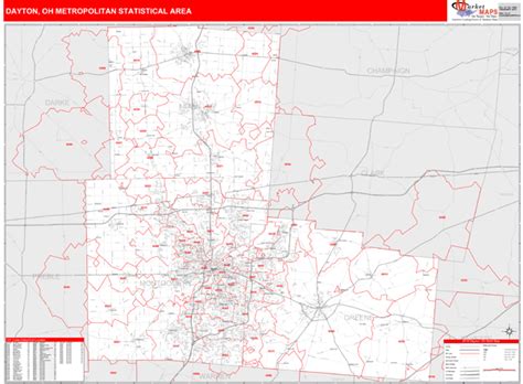 Dayton Oh Metro Area Zip Code Wall Map Red Line Style By Marketmaps