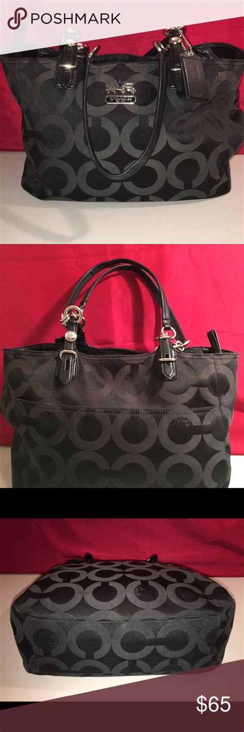 Authentic Coach Mia Black Op Art Signature Tote Bags Leather Zipper