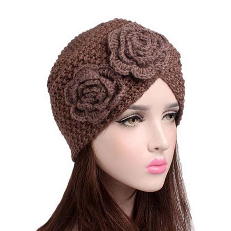 Floral Crossed Knitted Hats Winter Warm Hat Ladies Turban Hat Solid