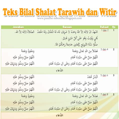 Tarawih dalam bahasa arab adalah bentuk jama' dari تَرْوِيْحَةٌ yang artinya : Teks Bacaan Bilal Sholat Tarawih dan Witir - Paxdhe Mboxdhe