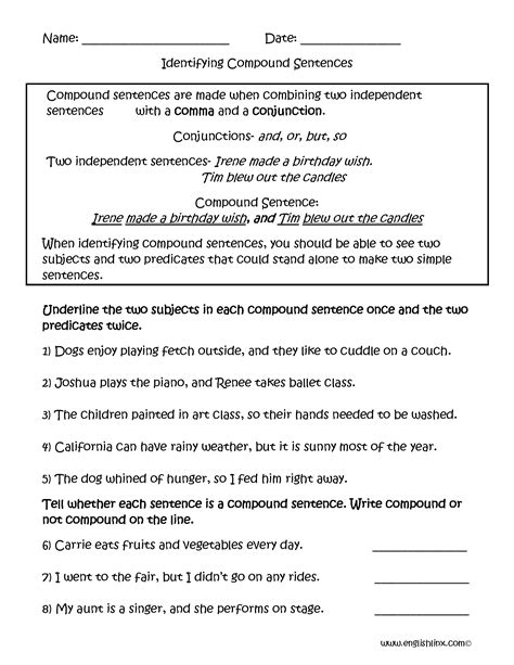 Compound Sentences Worksheet Th Grade