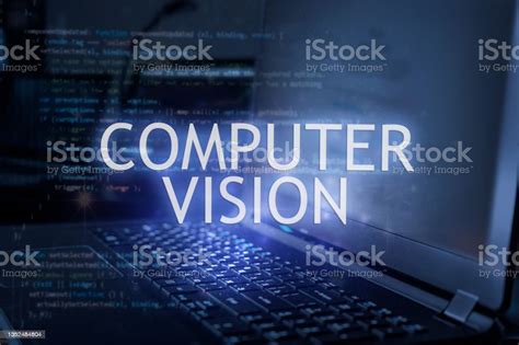 Computer Vision Inscription Against Laptop And Code Background Stock