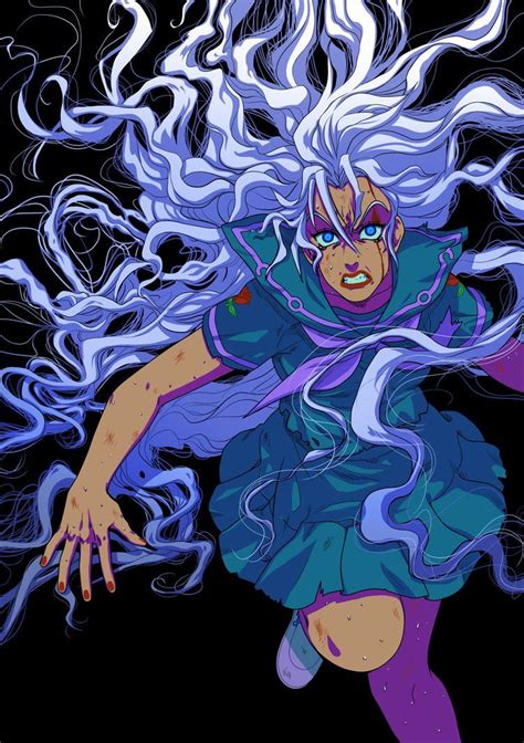A Drawing Of A Woman With White Hair And Blue Eyes Wearing A Purple Dress