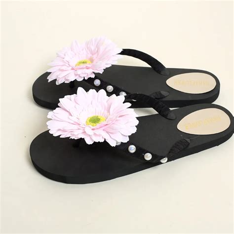 Hahaflower Beautiful Flip Flops Flat Heel Home Handmade Black Fancy