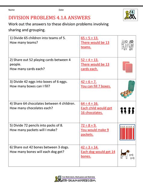 Division Problems 41a Answers Math Worksheets Division Word