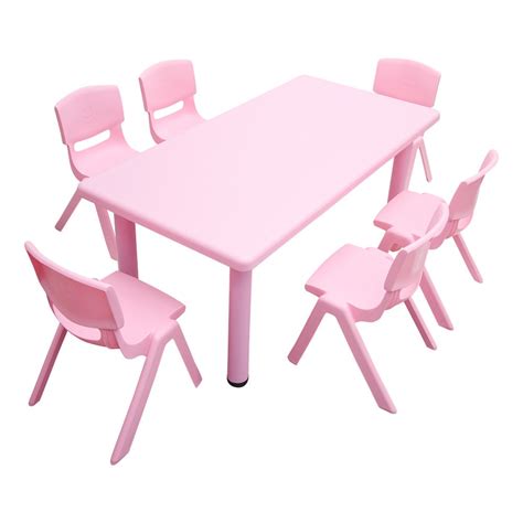 120x60cm Kids Adjustable Rectangle Pink Table And 6 Pink Chairs Set