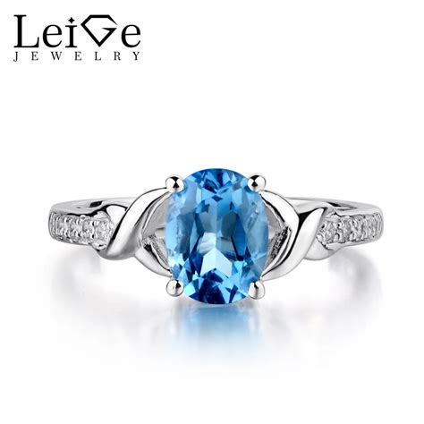 Leige Jewelry Swiss Blue Topaz Ring Oval Shaped Engagement Promise