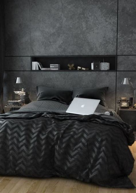 Stylish Masculine Bedroom With Wall Shelves Homemydesign