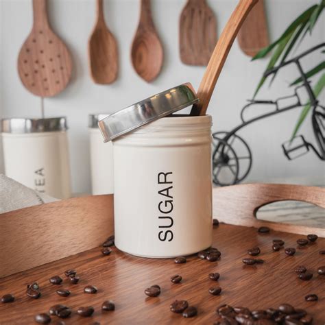 Metal Sugar Canister Canisters Kitchen Secure Rubber Seal Cream