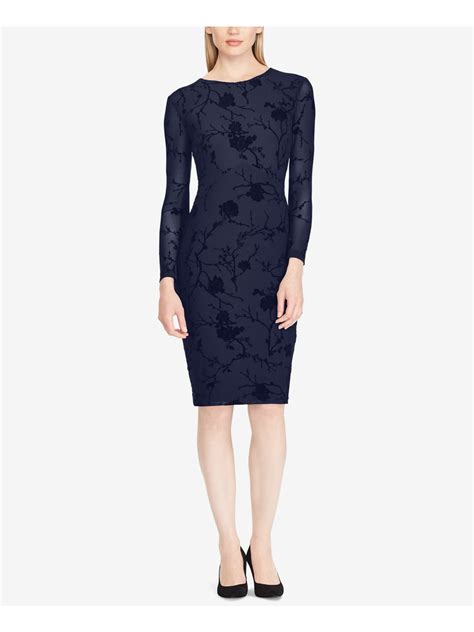 Ralph Lauren RALPH LAUREN Womens Black Velvet Floral Long Sleeve Crew Neck Knee Length Dress