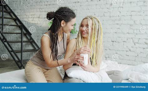 Teen Age Girl Make Some Tea To Her Girlfriend And Bring It In Bed Stock Image Image Of Calm