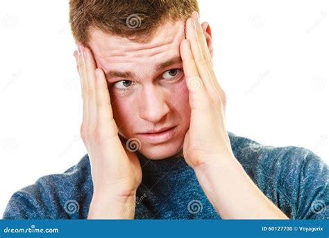 Closeup Stressed Man Holds Head With Hands