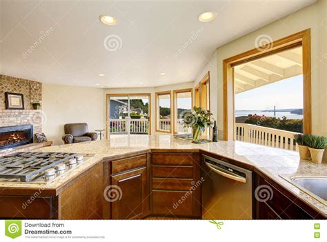 Modern Kitchen Room Interior With Many Windows And Perfect View Stock