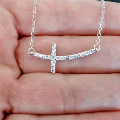 Diamond Sideways Cross Necklace 14k White Gold Curved Cross Etsy