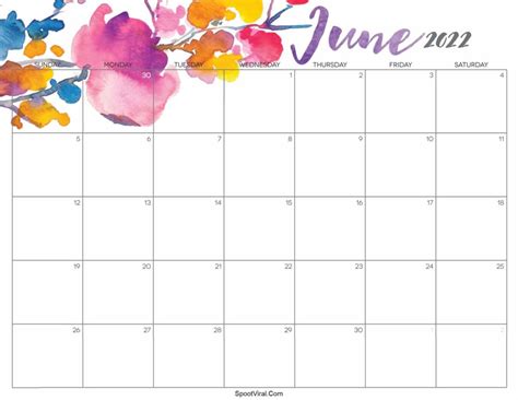 Floral June 2022 Calendar Cute Latest Calendar Printable Templates